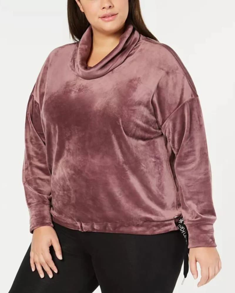 Front of a model wearing a size 1X Calvin Klein Performance Women's Plus Size Cowlneck Side-Tie Top Beige Size 1X in Brown by Calvin Klein. | dia_product_style_image_id:311121